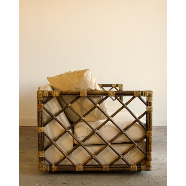 1970s Vintage Rattan Trellis Lattice Sofa in the Style of McGuire With Casters, Wrapped Joints, and Ivory Upholstery, 1970s For Sale - Image 5 of 9