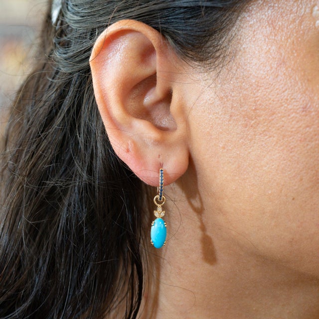 Modern Convertible Sleeping Beauty Turquoise & Diamond Earrings: Solid 14k Gold, 12x6mm, Pair For Sale - Image 3 of 7