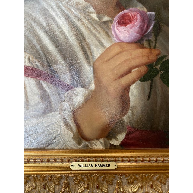 English Oil/Canvas Portrait Painting of a Young Beauty With a Rose, after William Hammer Within a gilt frame.
