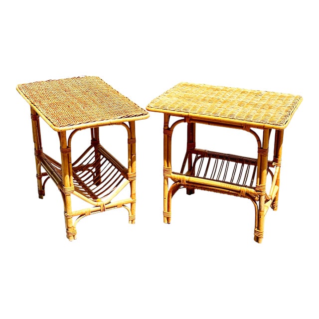 1970s Bamboo and Wicker Rattan End Table Pair in the Manor of Franco Albini For Sale