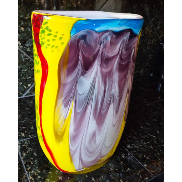Purple Contemporary Hand-Blown Murano Style Post Modern Art Glass Flattened Pillow Vase – Yellow, Plum & Cobalt Blue (Jg) For Sale - Image 8 of 10