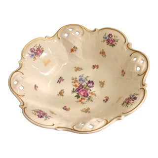 Vintage East German Reichenbach Floral Reticulated Footed Porcelain Centerpiece Bowl For Sale