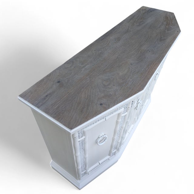 White Vintage Coastal Faux Bamboo Credenza With Driftwood Style Top For Sale - Image 8 of 17