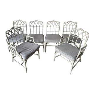 1970's McGuire Palm Beach Coastal - Style White Bamboo & Leather Wrapped Dining Chairs – Set of 6 For Sale