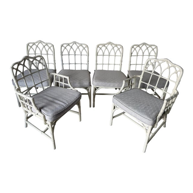 1970's McGuire Palm Beach Coastal - Style White Bamboo & Leather Wrapped Dining Chairs – Set of 6 For Sale