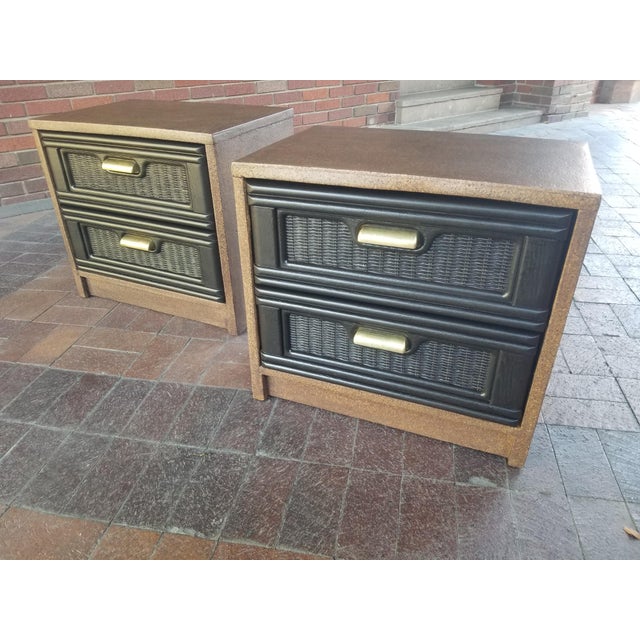 Pair of Nightstands with the front drawers Ebonized and Cork on sides and top. Beautifull Pulls on the Oak Front Drawers....
