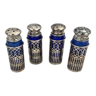 Vintage F. B Rogers Cobalt Blue W/Silverplate Case Salt & Pepper Set For Sale