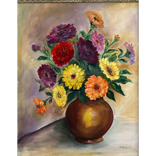 1940’s Vintage Brightly Colored Floral Still Life Oil Painting in Vintage Frame For Sale - Image 4 of 8