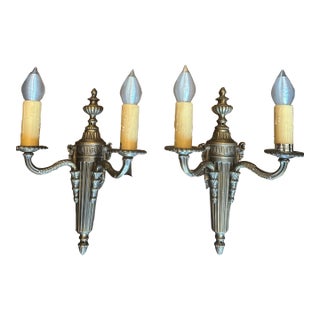 Vintage Hollywood Regency Style Brass Double-Arm Wall Sconces - a Pair For Sale