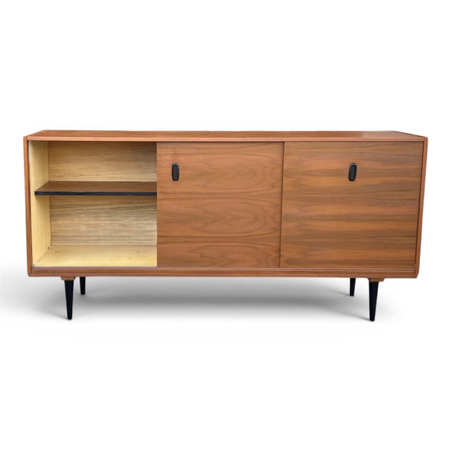Mid-Century Modern Teak Buffet Credenza With Sliding Doors & Adjustable Shelves For Sale - Image 14 of 15