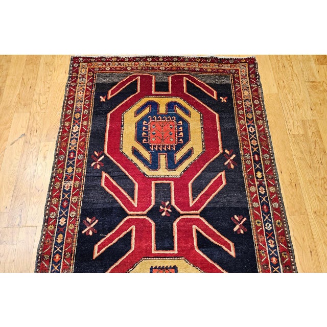 Antique Northwest Persian Runner Rug, Hand-Knotted Wool, Geometric Medallions Pattern, 4x10, Navy & Red For Sale - Image 12 of 18