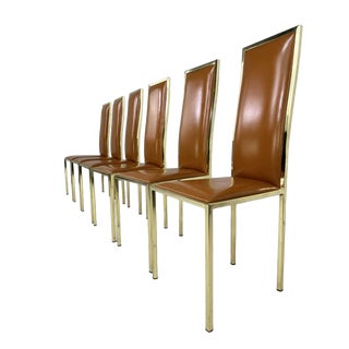 Cognac Leather and Brass Chairs by Renato Zevi, 1970s, Set of 6 For Sale