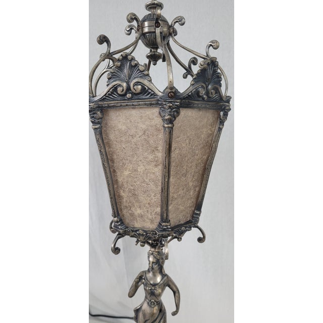1900 Silver Plated Spanish Brass Statue Lamp With Mica Shade For Sale - Image 12 of 13