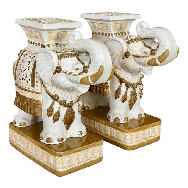 Vintage Chinoiserie Regency Glazed Terracotta Ceramic Elephant Garden Side Tables For Sale