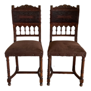 Antique 19th Century French Henry II Style Walnut Dining/Side/Accent Chairs With Suede Upholstery - Set of 2