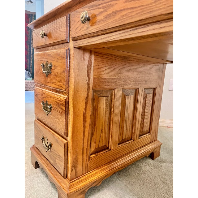 Custom Furniture Builders Vintage 1989 Solid Oak Executive Desk With Glass Top and Locking Drawers For Sale - Image 4 of 11