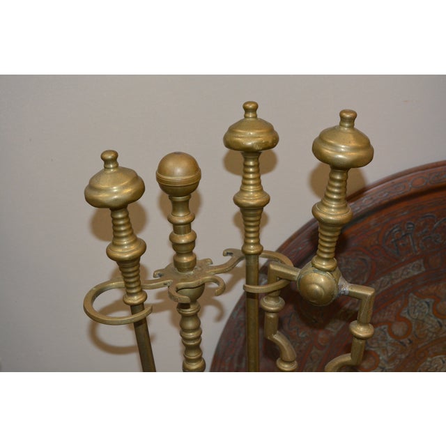 Vintage Heavy Brass / Iron Fireplace Tools Companion 4 Piece Cleaning Set For Sale - Image 13 of 18