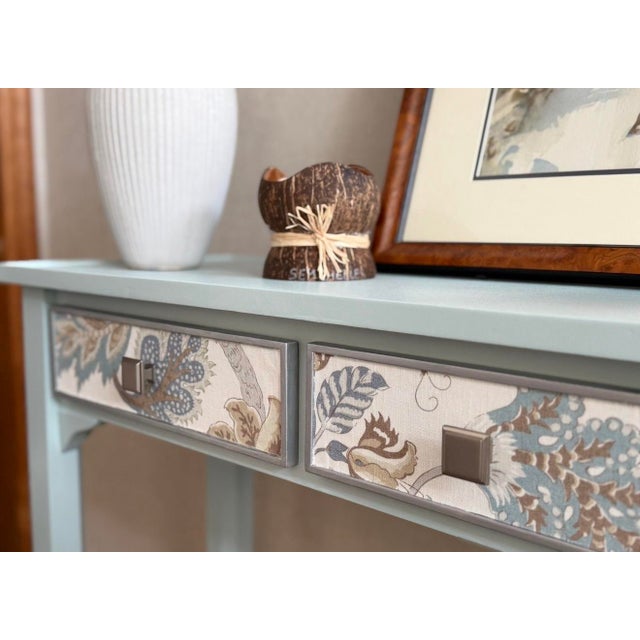 Exquisite one of a kind custom designed and fabricated console table with a beautiful Sherrill furniture company fabric...