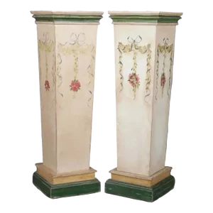 Set of Two Vintage Country French Paint Decorated Wooden Column Pedestals