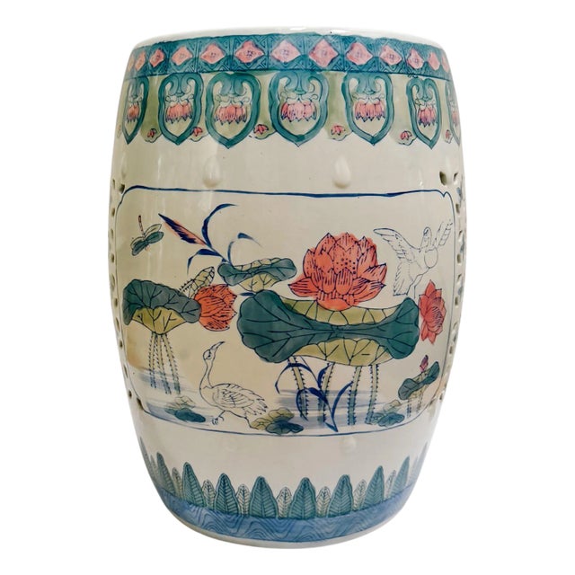 Vintage Chinese Pink Lotus Pastels Garden Stool For Sale