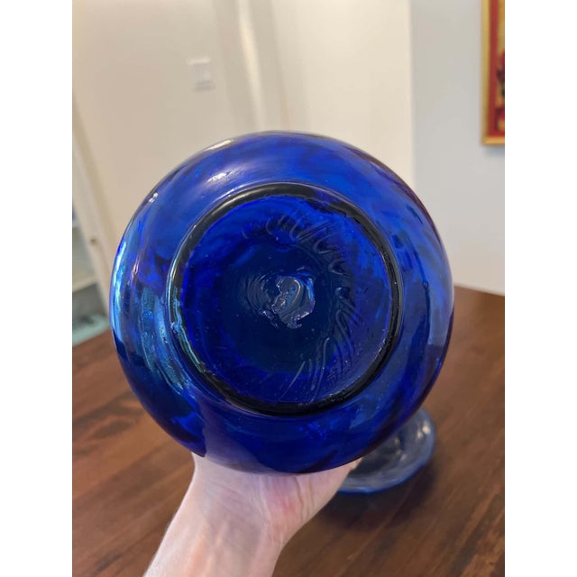 Royal Blue Vintage Hand-Blown Cobalt Blue Glass Pitcher With Matching Saucer For Sale - Image 8 of 9