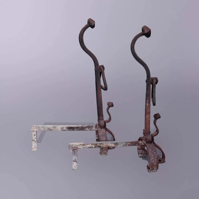 Early 20th Century Circa 1900 Antique Large Arts & Crafts Yellin School Wrought Iron Andirons- a Pair For Sale - Image 5 of 9