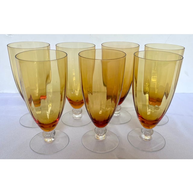 1940s Mid-Century Modern Cambridge Glass Co. Amber Optic Stem 3121 Goblets - Set of 7 For Sale - Image 9 of 13