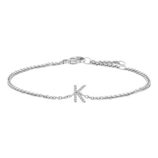 10K White Gold Diamond Accent "K" Initial Charm and Link Bracelet For Sale