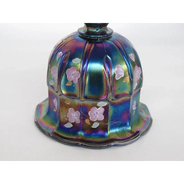 Purple Fenton Carnival Glass Amethyst Hand Painted Flowers Bell For Sale - Image 8 of 11