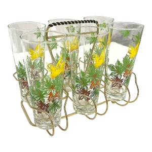 Vintage Highball Glasses With Fall Leaves Design and Caddy- Set of 7