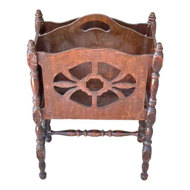 Vintage Mid 1900s Tall Mahogany Wood Magazine/Newspaper Rack/Stand With Turned Spindle Legs For Sale