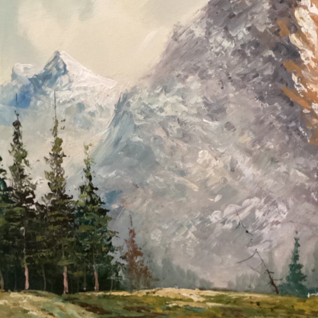 Original Painting of a Mountain Landscape with Lake and Evergreen Trees Signed Framed For Sale - Image 4 of 12