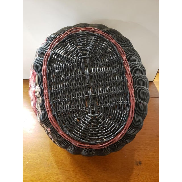1980s Black Wicker Basket With Brown Trim and Painted Floral Motif For Sale - Image 9 of 9