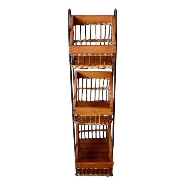 Rustic Grocery Store Shelf with Wrought Iron and Wicker Baskets, 1960s For Sale