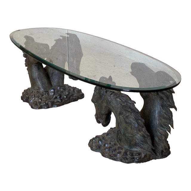 Vintage Bronze Sculptural Horses and Glass Top Coffee Table For Sale