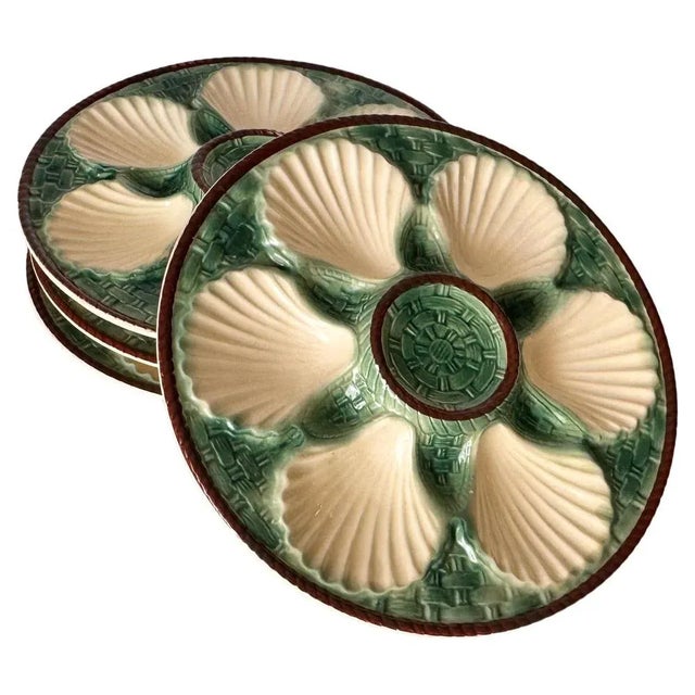 19th Century Green, White & Brown Glaze Majolica Oyster Plates, Set of 4 For Sale - Image 14 of 14