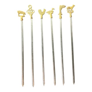 Vintage BBQ Skewers in Stainless Steel With Copper Handle Set of 6 For Sale
