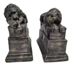 1970s Renaissance-Style Pewter Gray Plaster & Chalk Lion Bookends - a Pair