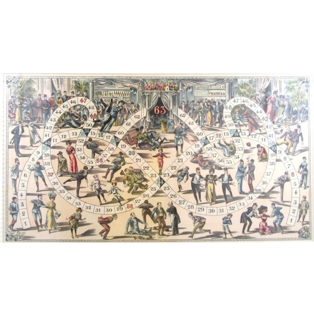 The Rare Jeu du Skating Rink (Game of Goose) French 1900 Game Framed Poster shows a vintage board game featuring the...