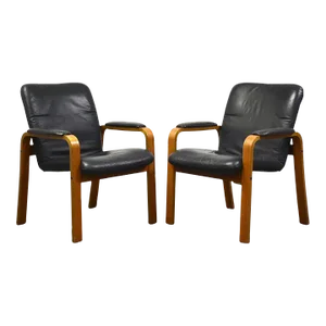 Ekornes Blue Leather and Teak Lounge Chairs - a Pair