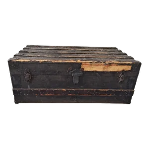 Antique Wood and Canvas Flat Top Steamer Trunk Circa 1890's