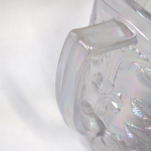 Vintage Imperial Carnival Glass Iridescent Frosty White Robins & Flowers Pitcher and 4 Glasses For Sale - Image 9 of 13