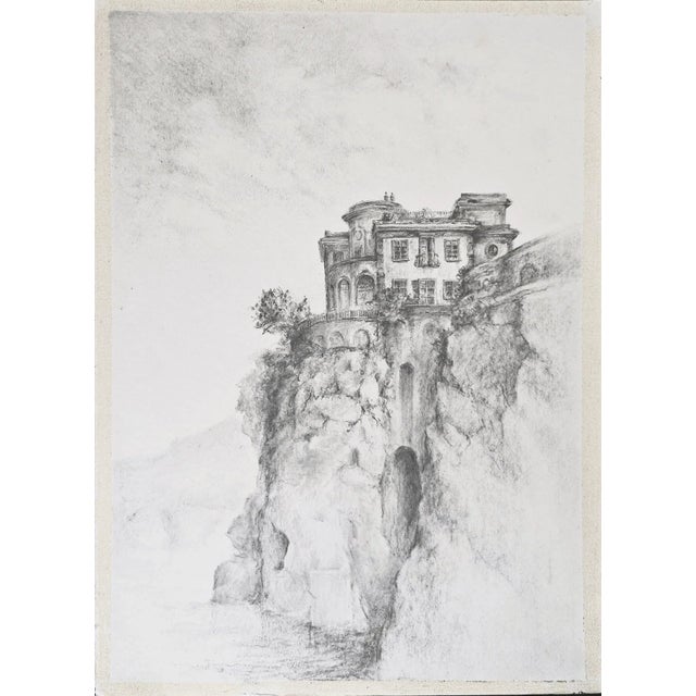 Carrie Bergey Sorrento Italy Grand Hotel Cocumella Vintage Drawing Original 11*15 Landscape Pencil Art by Carrie Bergey Black White Mediterranean Sea For Sale - Image 4 of 4