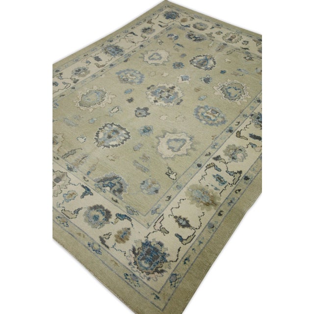 Early 21st Century Early 21st Century Green Floral Design Handwoven Wool Turkish Oushak Rug 6'1" X 8'2" For Sale - Image 5 of 8