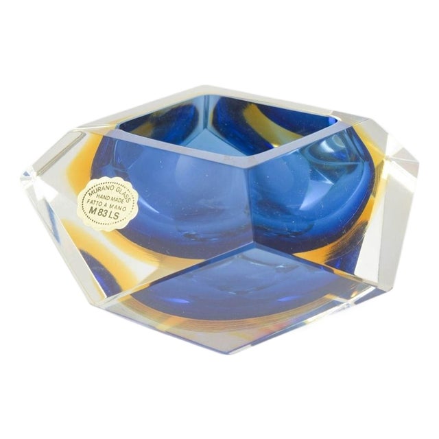 Blue and Golden Faceted Murano Glass Bowl, 1970s For Sale