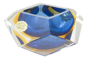 Blue and Golden Faceted Murano Glass Bowl, 1970s