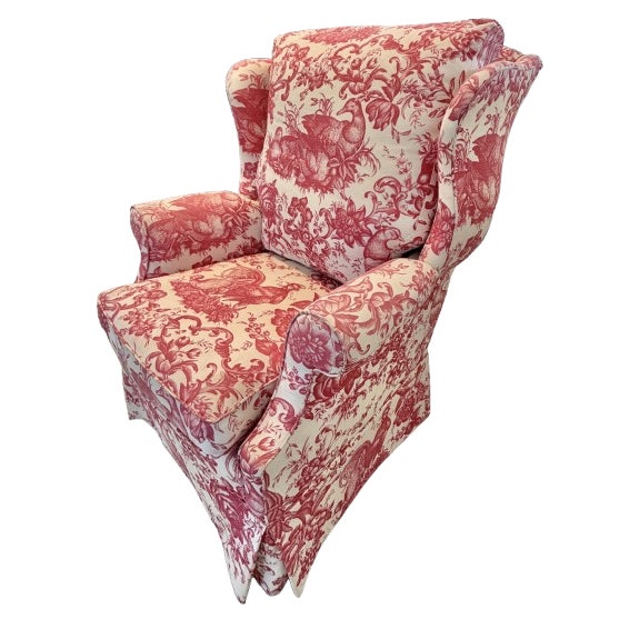 Custom Wingback Chair in Red and Cream Heritage Toile by Brunschwig & Fils For Sale - Image 9 of 12