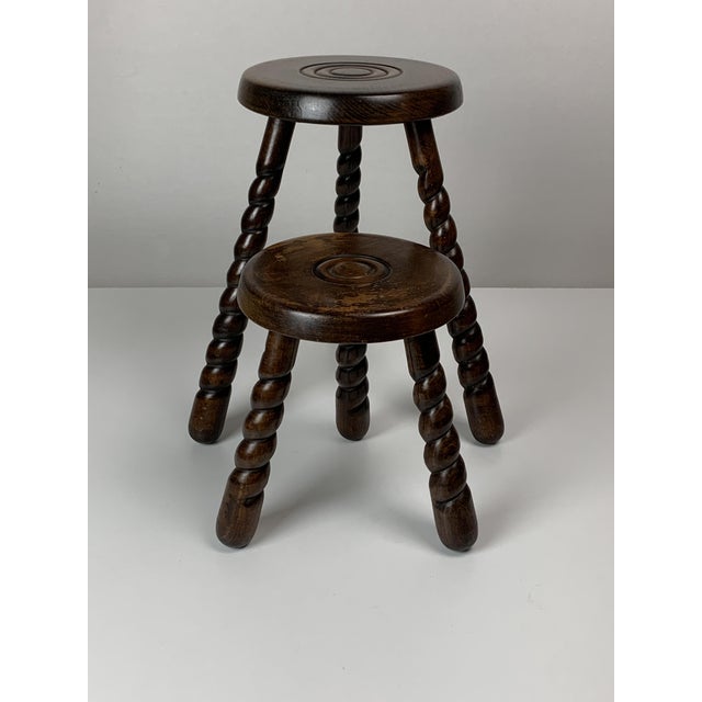 Mid-Century Modern Mid-Century Modernist French Brutalist Wood Turned Tripod Stools, 1950s, Set of 2 For Sale - Image 3 of 18