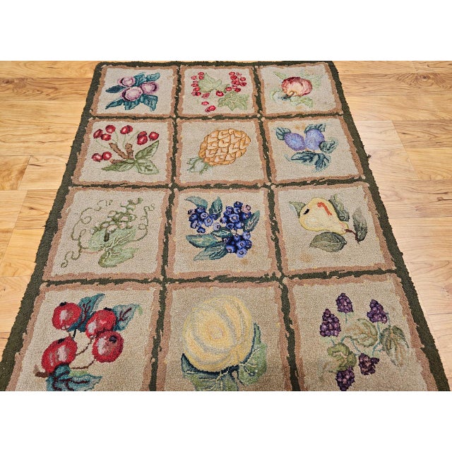 Early 20th Century Vintage American Hand Hooked Rug, Fruit Blocks Pattern, Folk Art Tapestry, 2x4 For Sale - Image 5 of 12