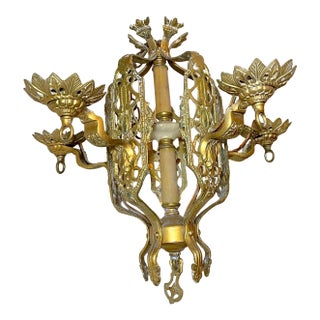 Antique Ornate Art Deco 5 Arm Brass Alabaster Hanging Chandelier Fixture Lamp For Sale
